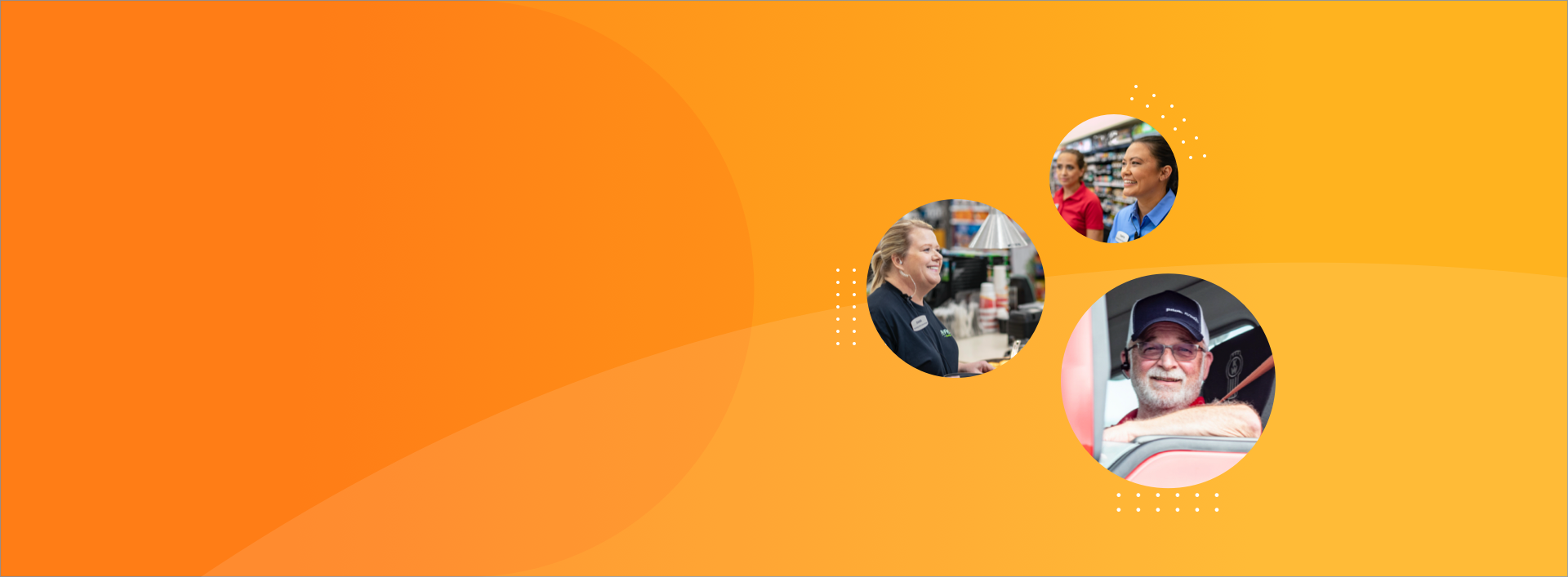 Orange and yellow background with 3 circle images of employees